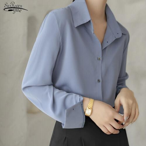 Ladies Elegant Korean Office Shirt Fashion Button Up Satin Silk Shirt Blouse Women Plus Size White Long Sleeve Shirts Tops 12473