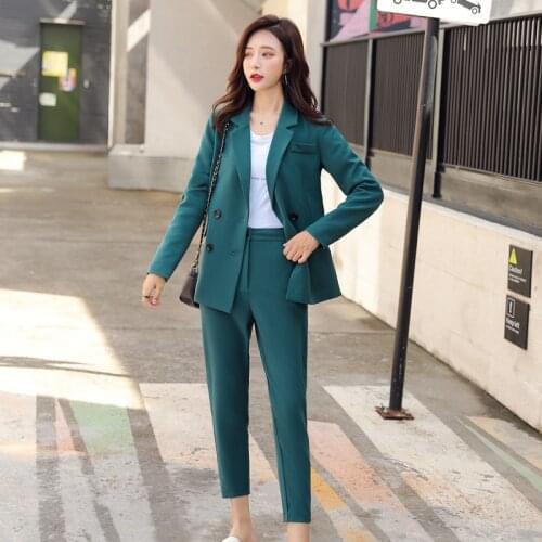 Womens suit autumn and winter new solid color double-breasted slim suit casual trousers suit two-piece womens suit