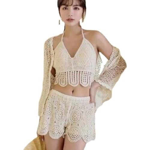Summer Beach Crochet Sets Women 3pcs Set Swimming Sets Woman Hook Hollow Out Padded Camis Shorts Sets