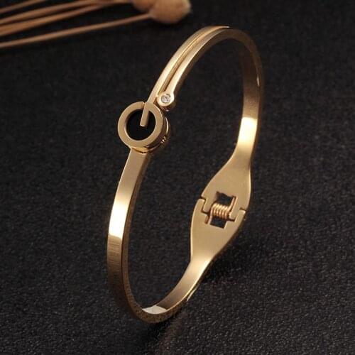 Gold Plated Stainless Steel Women Female Cuff Charm Bangles Luxury Brand Weeding Party Fashion Bangles Birthday Gift