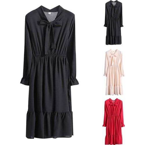 Women Bowknot Nack Bottoming Dress Slim Long-sleeved Elastic Waist Mid-length Dress Spring Autumn Elegant Ladies Dresses New