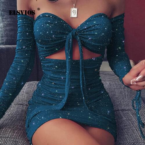 Women Sexy Knot Tie Bandage Bodycon Dress Lady Spring Strapless Shiny Party Dress Lady Hollow Out Long Sleeve Pleated Mini Dress