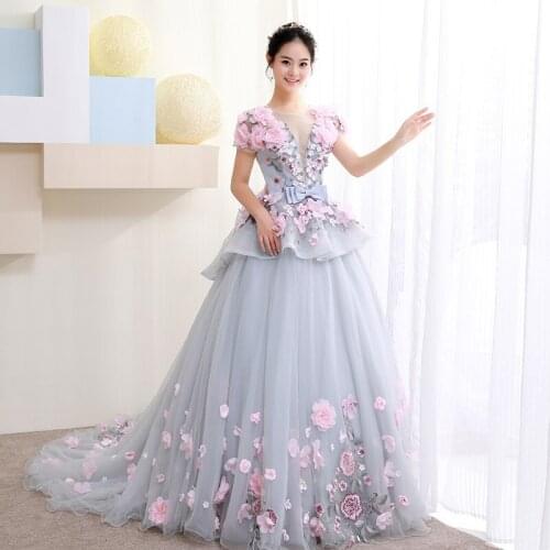 202 Blue Flowers Bride Long Tail Wedding Dress Sexy Tutu Dress Bridal Wedding Dress Fairy Bride Trailing Evening Dress A081