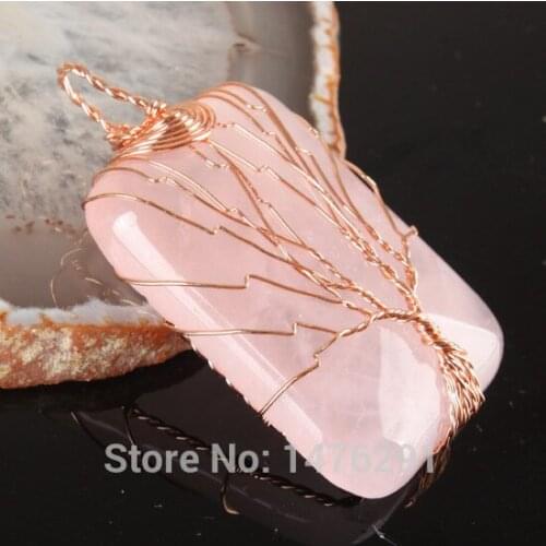 40x30MM Rose Pink Quartz Handmade Wire Winding Plated Gold Pendant 1PCS