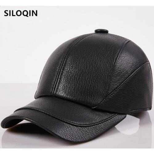 SILOQIN Adjustable Size New Autumn Mens Sheepskin Baseball Caps Natural Genuine Leather Hat Snapback Cap Casual Brand Black Cap