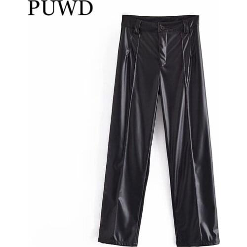 PUWD Women Black Faux Leather Pants 2021 Autumn Fashion Ladies Streetwear Wide Leg Pants Female High Waist Solid Trousers