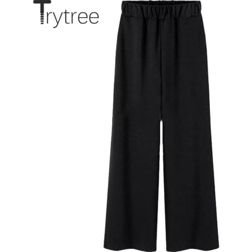 Trytree 2020 Spring Autumn Women Casual Wide Leg Pants Oversize Black Pockets Elastic Waist Highly Elastic Fabric Loose Pants
