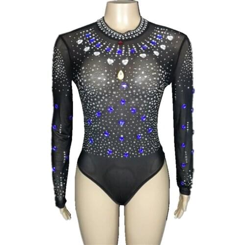 Mest Black Bodysuit Blue Bling Rhinestones Tights Sexy Nightclub Lady Singer Pole Dance Costume Elastic Leotard Stage Wear