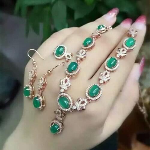 KJJEAXCMY boutique jewels 925 Pure silver inlay natural green jade medulla ring + pendant + earrings set with micro-inlay drill