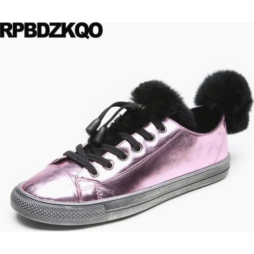 Sneakers Walking Designer Shoes China Metallic Trainers Flats Round Toe Soft Rose Gold Patent Leather Women Winter Lace Up Fur