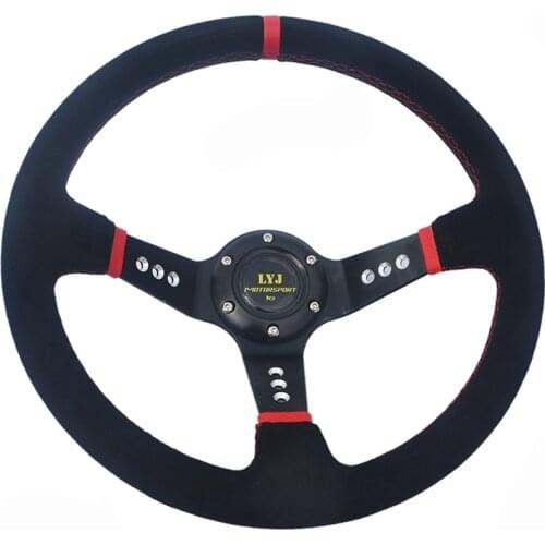 Hot 350mm Deep Dish Red Stitch Car Steering Wheel 6 Holes Suede Leather Racing Steering Wheel