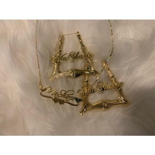 DOREMI Name Earrings and Necklace set Triangle Bamboo Earrings Custom Hoop Bamboo Earrings Letter Personalised Name Earrings