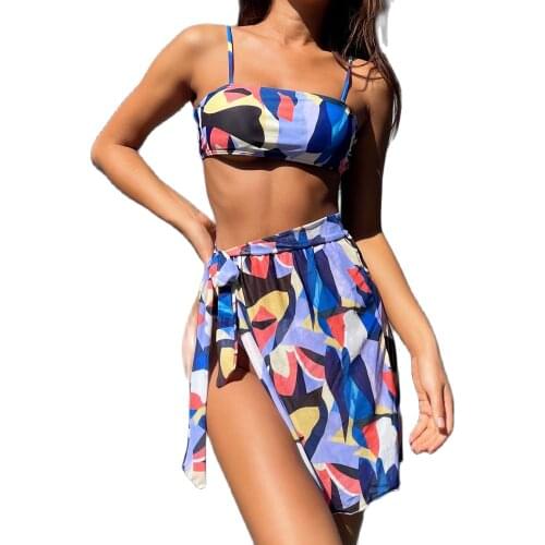 New Printed Bikini Set Women Swimsuit Swimwear Three Piece Bikini Set With Sarong Bather Bathing Suit Swim