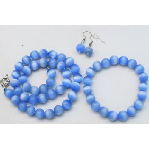 One set cateye agate round blue necklace bracelet earrings beads 10mm 18" nature FPPJ wholesale