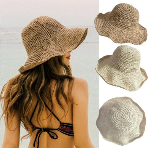 Summer Holiday Ladies Summer Sun Hats Women Panama Straw Beach Hats Foldable Wide Brim Floppy Bucket Hats