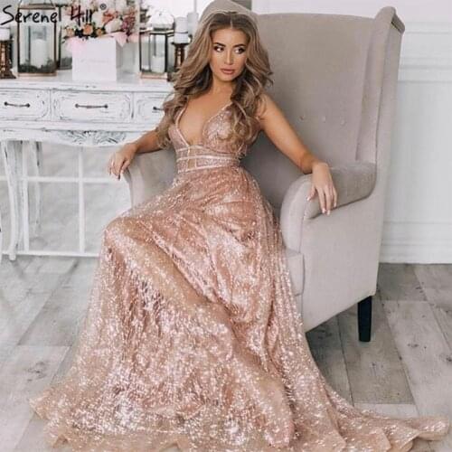 Rose Gold Deep-V Sexy Tulle Evening Dresses 2020 Sleeveless Glitter A-Line Evening Gowns Serene Hill LA60922
