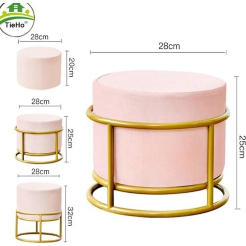TieHo Height Adjustable Round Stool Ottoman Pouf Nordic Luxury Living Room Stool Velvet Sofa Pedal Cover Detachable