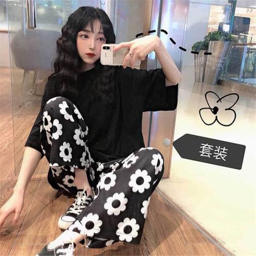 Lolita style 2020 autumn Korean ulzzang Harajuku personality hip hop street flower print loose wide leg pants ankle-leng