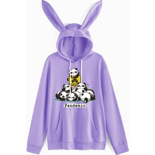 2021 Spring Autumn Women Hoodies Kawaii Rabbit Ears Fashion Kangaroo Pocket Hoody Casual Purple Sweatshirt Hoodies for Women