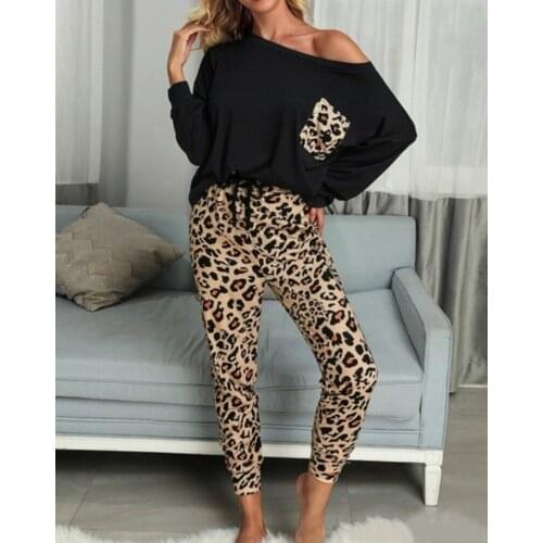 2021 Leopard Homewear Suits Women Autumn Casual T Shirts Drawstring Sweatpants Lounge Wear Fashion Pajama Sets Elastic Sleepwear