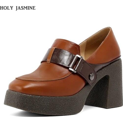 2021 Spring Leather Single Shoes Womens Medium Heel Thick Soled British Style Small ShoesThick Heel Round Head Brown Lefu Shoes