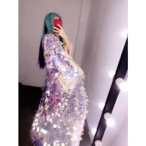 Free Size Overcoat Women Nightclub Clothing Colorful Shining Sequins Long Coat Dancer Hip Hop Stage Costume Singer DS Outerwear
