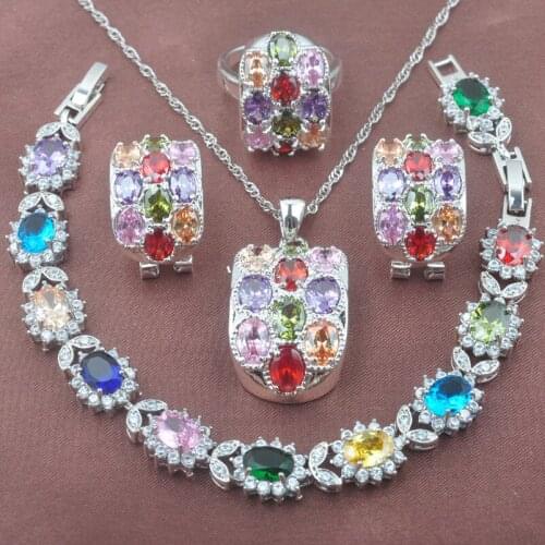 Luxurious Multicolor Zirconia Silver Plated Womens Wedding Jewelry Sets Bracelet Necklace Pendant Earrings Ring YZ0522