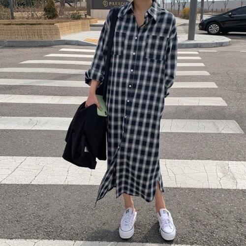 Johnature Casual Plaid Shirt Dresses For Women 2021 Autumn New Turn-down Collar Full Sleeve Loose Korean Single-breasted Dress