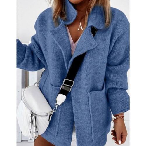 Women Chic Long Sleeve Pockets Lapel Knit Coat Cardigan Thick Streetwear Jacket Solid color thickening Casual Fashion