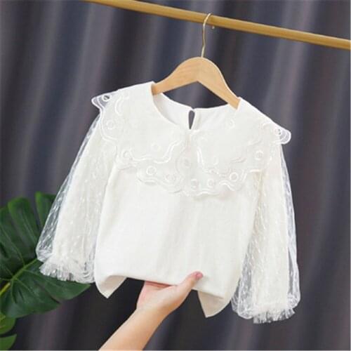 Spring Fall Winter Girls Blouse Shirts Baby Toddler Teen School Girl Tops Lace Pearls Long Sleeve Kids Shirt Children Clothes