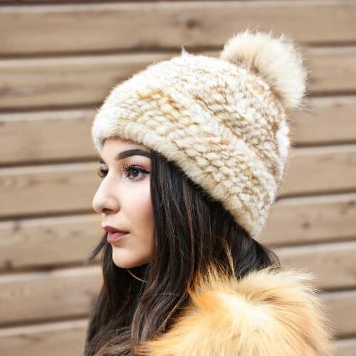CX-C-235Q Women Winter New Fashion Knitted Real Mink Fur Hat With Fur Ball