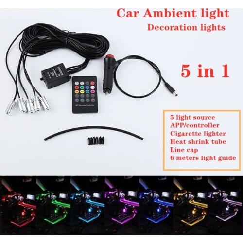 5pcs RGB LED Car Decorative Light Interior Ambient Light Fiber Optic Strips Light by App Control DIY Music Car atmosphere lights