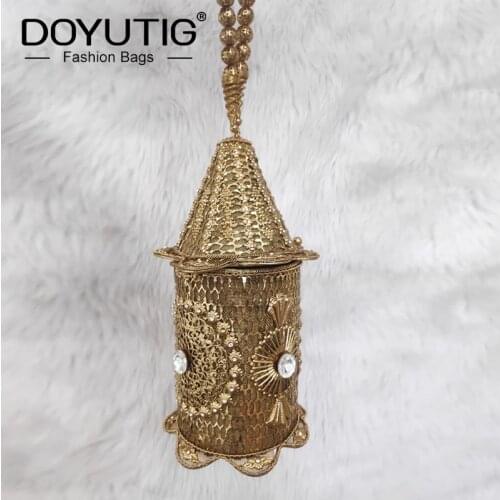 DOYUTIG Antique Gold Womens Hand-Made Cylindrical Clutches Indian Design Diamond Wedding Buckets Lady Metal Evening Bags F842