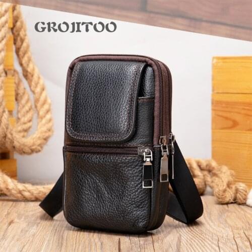 GROJITOO New mens leather mobile phone bag mens waist bag mens One Shoulder Messenger Bag mini bag for men