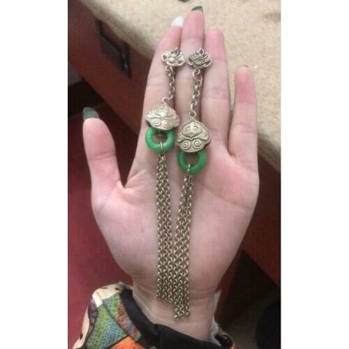 Chinese Antique Long Tassel Earrings Tibetan Silver Collection Jade Accessory