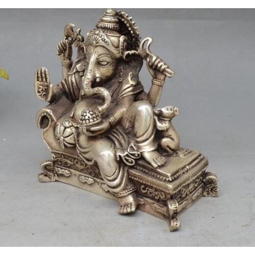 Copper Statue 6" lucky Chinese Tibet Silver 4 Arms Ganesh Elephant Mammon Buddha Mouse Statue