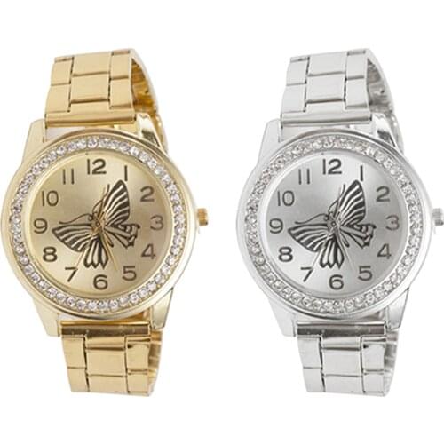 Fashion Women Quartz Watches Butterfly Rhinestone Pendant Leather Wrist Watch Casual Golden Dial Ladies Watch Montre Femme Clock
