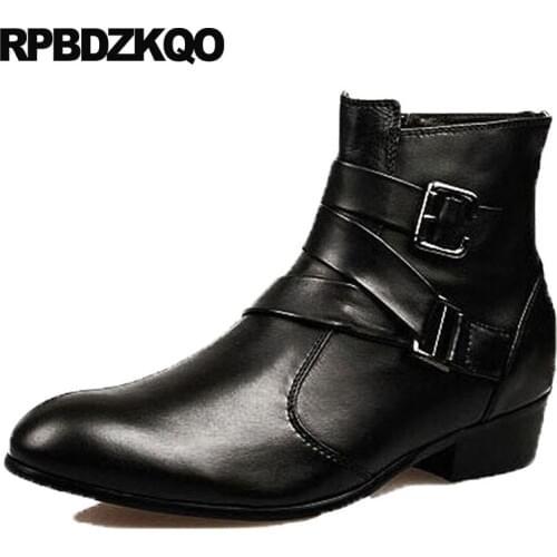 Motorcycle Mens High Heel Boots Designer Autumn Shoes Brown Zipper Full Grain Pointed Toe Handmade Ankle Chunky Short Black Male