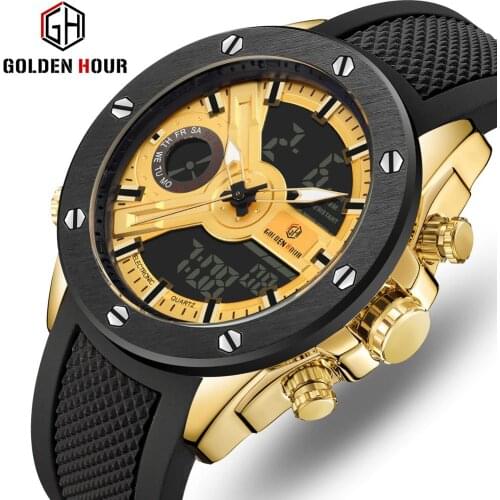 GOLDENHOUR Men Dual Display Quartz Watches Mens Fashion Luxury Sports Watch Silicone Strap Analog Digital Military Wristwatch
