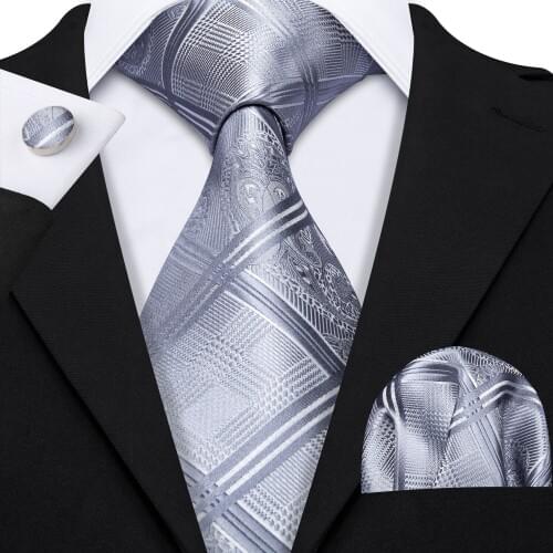 Barry.Wang Official Plaid Grey Mens Tie Silk Neckties Design Fashion Silver Handkerchief Gift Box Set Tartan Tie For Men LS-5153