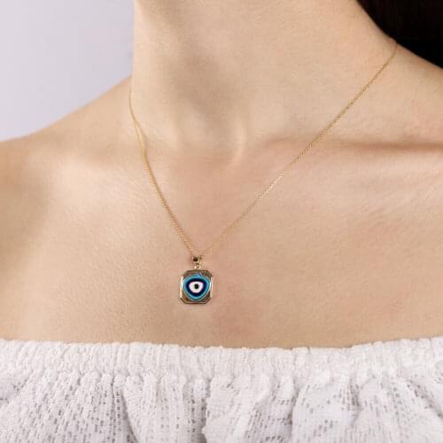 Symbol Gold 14k Evil Eye Bead Gold Enamel Necklace Square Design Protect Clavicle Delicate Colourful Comfortable Gift Dainty