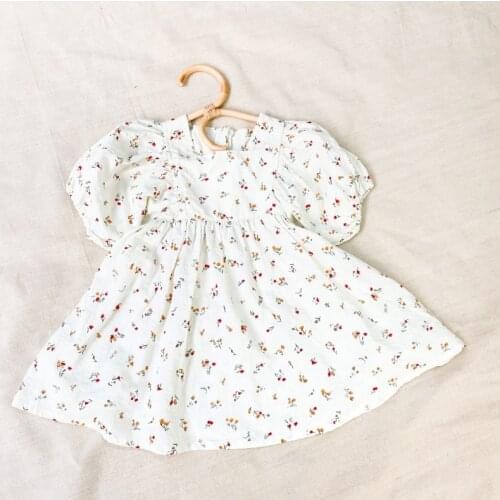 Baby Girls Floral Puff Sleeve Summer Dresses 100% Cotton Flower Printed Dress Vintage Princess Kids Party Dresses Girls Clothes