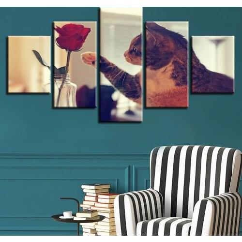 Cute Cat and Rose Canvas HD Prints Posters Home Decor Wall Art Pictures 5 Pieces Art Paintings No Frame
