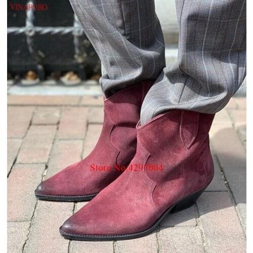 Khaki Leather Boots Women Genuine leather Pointed Toe Chunky Heel Ankle Boots Thick Square High Heel Slip On Western Boots Cowboy Boots Women