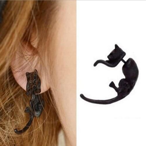 Punk Long Tail Small Leopard Cat Pierced Black Earrings Personality Leopard Cat Piercing Stud Earring Men Womens Jewelry Gift