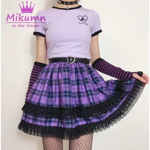Japanese Harajuku Girls Purple Plaid Pleated Skirt Punk Sweet Fashion Kawaii Lolita Cake Mini Skirt Cosplay Ball Gown Streetwear