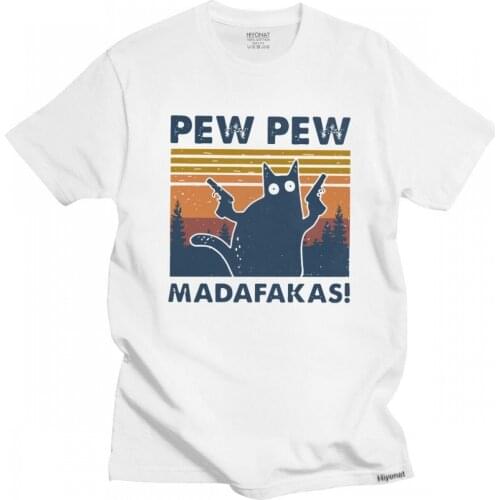 Humor Cat Pew Pew Madafakas T Shirt for Men Short Sleeve Graphic T-shirt Vintage Crazy Cat Tee Top Fitted Cotton Tshirt Clothing