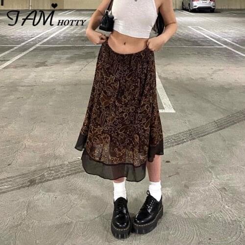 Grunge Floral Print Long Skirt Women y2k Aesthetic High Waist Brown Tulle Skirt Retro Straight Skirt Summer Streetwear Iamhotty