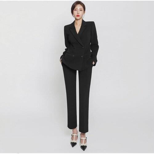 Autumn and Winter Womens Blazer Jacket Casual Solid Color Double-breasted Pocket Decorative Coat Black White Plus Size Suit Set