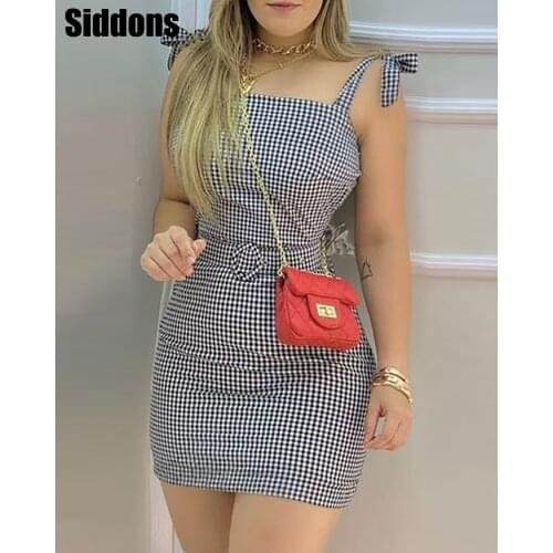 Women Elegant Dress Tied Shoulder Plaid Mini Dress With Waist Belt Casual Dress Summer Dress